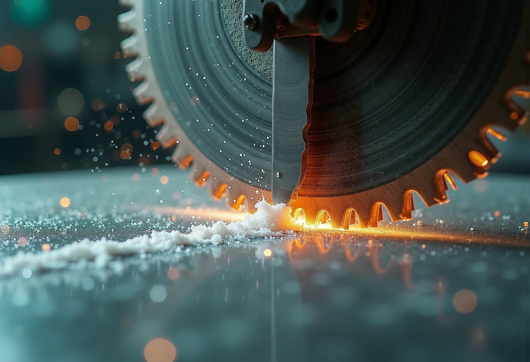 Bridge saw mid-cut, water flying